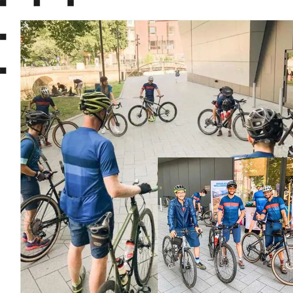 Gravel-Bike-Tour von L&T und Sch&ouml;ffel. Die Teilnehmer:innen starten am L&T Sporthaus und stehen im Kreis.