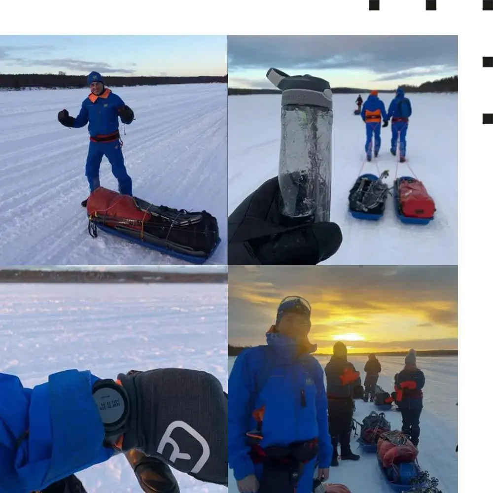 Fotocollage mit John Mc Gurk, Sven K&ouml;ster, Mark Rauschen und Tim Rauschen w&auml;hrend der Charity-Schneewanderung.