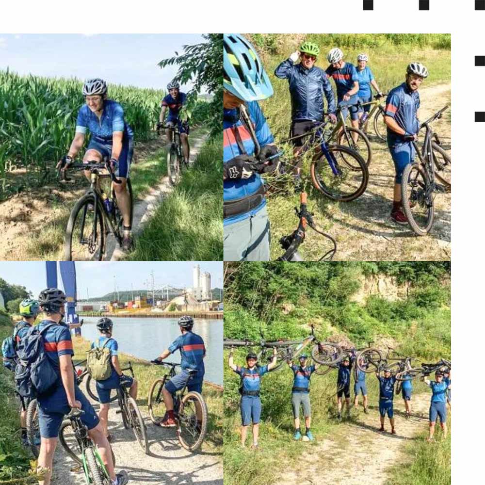 Bildercollage der Gravel-Bike-Tour durch L&T und Schöffel. Auf dem Bild sind die Teilnehmer:innen während der Tour auf ihren Gravel-Bikes zu sehen.