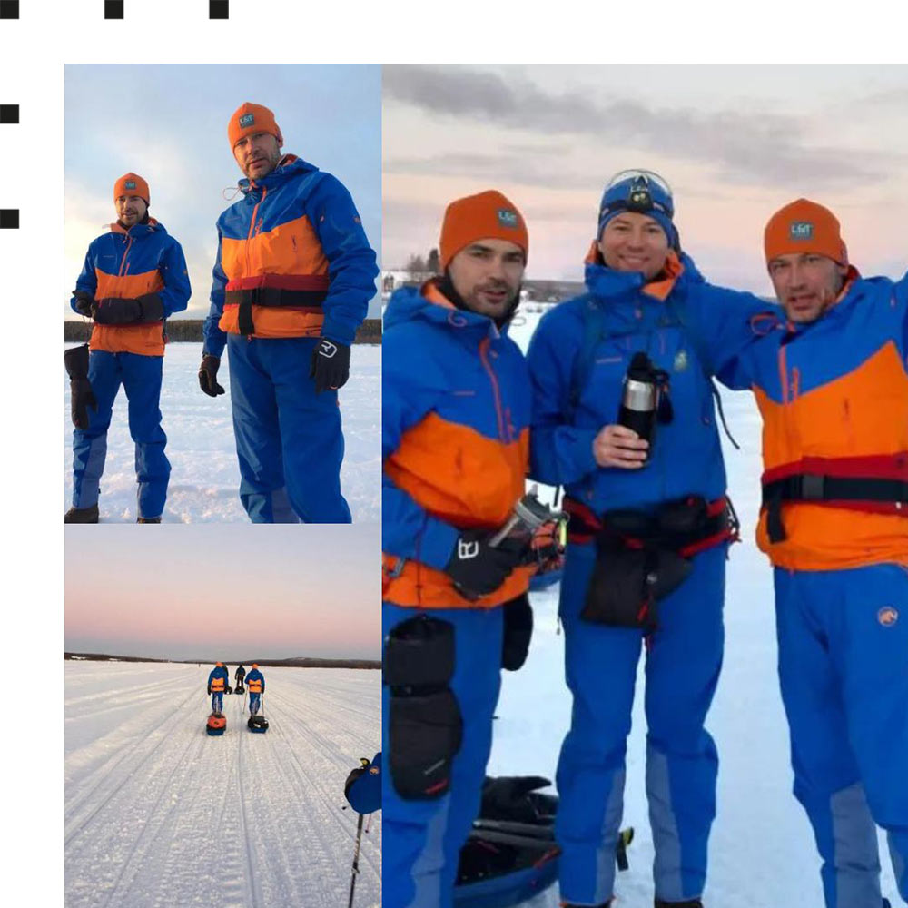 Fotocollage mit John Mc Gurk, Sven Köster, Mark Rauschen und Tim Rauschen während der Charity-Schneewanderung.